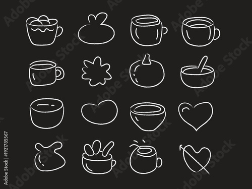 Hand Drawn Kitchen Doodle Icons – чаш, Bowls, Hearts, Pumpkin, Food Sketch Set, Chalk Style Clipart