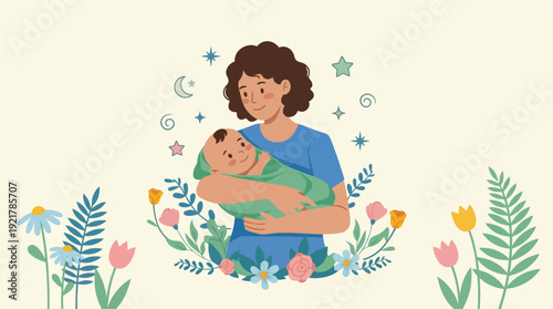Loving mother holds her swaddled newborn baby surrounded by beautiful springtime floral elements