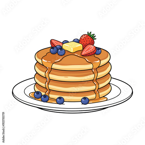 Tasty stack of homemade pancakes with maple syrup and fresh berries on a plate vector illustration.