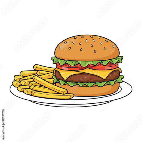 Delicious beef burger with crispy golden french fries served on a white plate vector illustration.