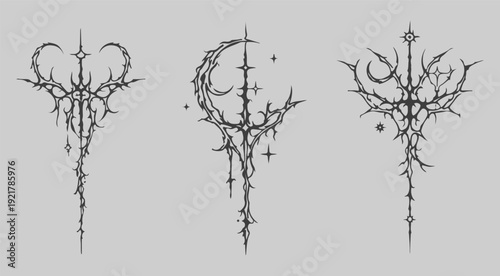 Cyber Sigilism Vector Ornaments. Black Gothic Tribal Shapes, Sharp Neo-Tribal Tattoo Elements, Abstract Edgy Graphic Assets for Streetwear and Dark Aesthetic Designs.