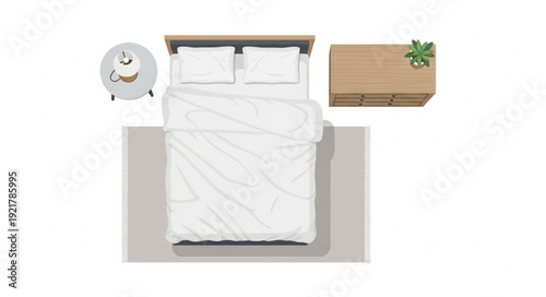 White Bed with Pillows and Nightstand.