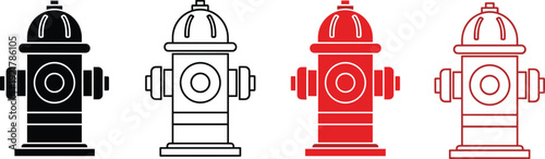 Fire hydrant icons in solid and outline styles black and red emergency water supply vector illustration flat minimal design