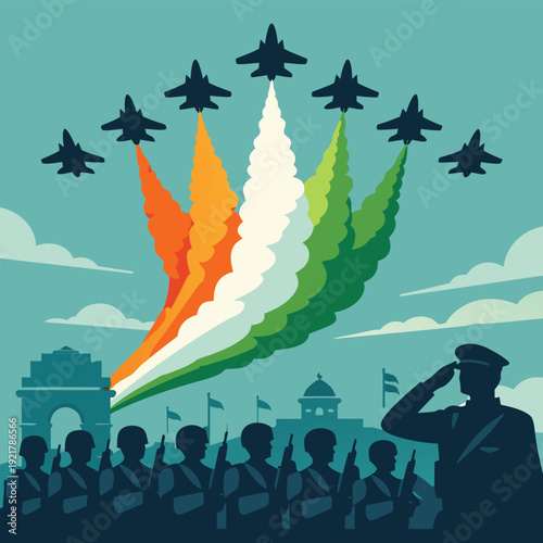 Indian independence day illustration featuring fighter jets the national flag and saluting soldiers high-quality professional