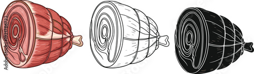 Ham meat vector illustration set showing colored flat design outline line art and black silhouette styles isolated on white background