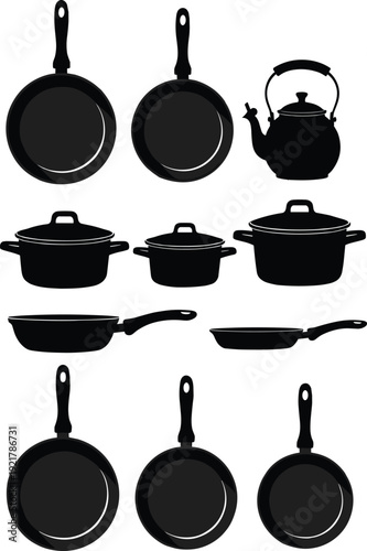Kitchen cookware silhouettes set, frying pans saucepans stockpots and kettle collection, black vector illustration isolated on white background