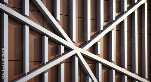 Modern Geometric Building Facade with Dynamic Intersecting Lines and Warm Shadows, Representing Innovative Architectural Design Solutions