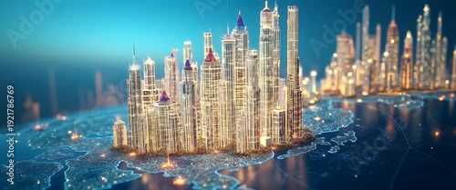 Futuristic cityscape emerges with glowing skyscrapers as camera slowly pans over a digital map, lights flickering in a cinematic, high-tech ambiance, showcasing urban innovation.