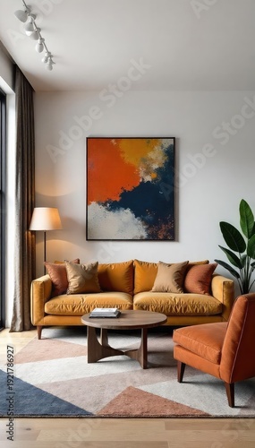 Modern living room with geometric patterned rug, angular furniture, and abstract wall art creating a stylish, contemporary space , wall art, abstract wallpaper, triangle