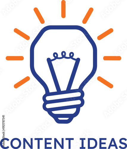 Minimalist light bulb icon with orange rays and blue outline representing creative content ideas for digital marketing strategies social media planning and professional business innovation