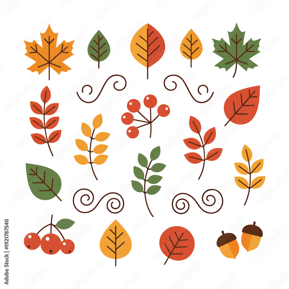 Fototapeta premium Collection of various autumn leaves, berries, and acorns in warm colors vector illustration.