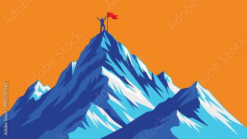 Business Success Concept with Person on Mountain Peak and Red Flag