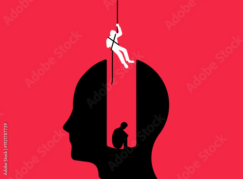 A man trying to rescue another man inside face shape space, illustration about mental health counselling