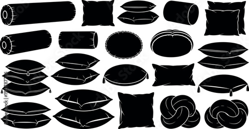 Pillow and Cushion Silhouettes Set with Various Shapes Bolster Round and Square Vector Collection