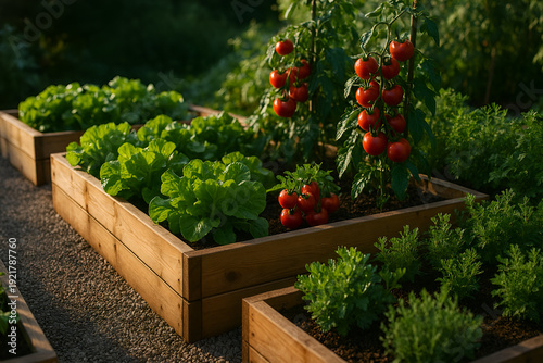 Beautiful wooden raised garden beds with fresh organic vegetables in a backyard, generative AI