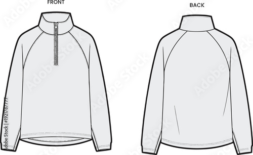 Quarter zip pullover mockup front and back view, long sleeve athletic sweatshirt template, detailed outline vector illustration for apparel design