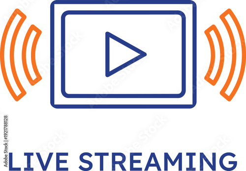 Professional live streaming icon featuring a blue media player frame with a play button and orange signal waves symbolizing real-time digital broadcasting and online video transmission