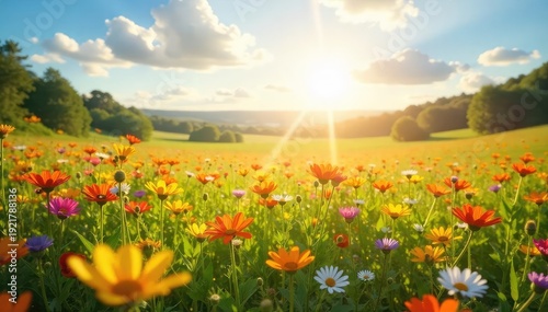 Radiant sunshine illuminating a vibrant field of wildflowers, symbolizing pure joy and unbridled happiness A picturesque scene of blissful, carefree nature , summer, peaceful