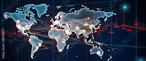 Dynamic world map animation with glowing data points; camera slowly pans across continents as digital lines pulse rhythmically, embodying a futuristic, cinematic style.