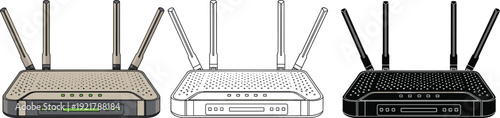 Modern wireless router illustration showing multiple antennas in three color variations isolated for network technology, internet connectivity, and smart home concepts design