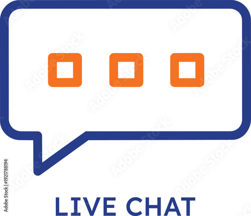 Live chat icon featuring a blue speech bubble outline with orange typing dots representing real time customer support online messaging social media communication and digital interaction