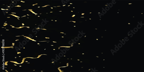 Festive falling gold confetti streamers and small circular particles rain down against a deep black background symbolizing a grand celebration or special occasion backdrop.