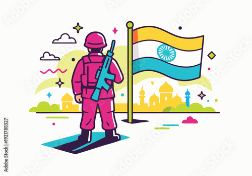 Indian soldier stands guard with rifle before the national flag and a scenic cityscape high-quality