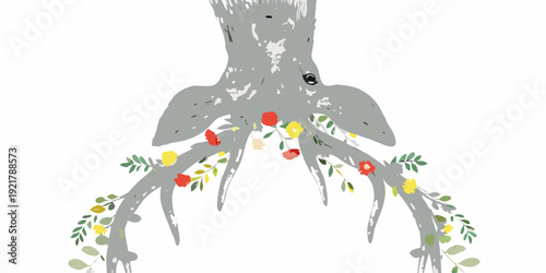 Stylized tree trunk with roots and colorful floral embellishments