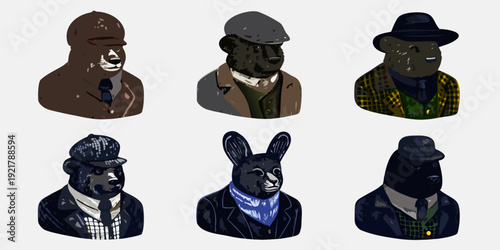 Anthropomorphic animal portraits featuring various hats and formal attire