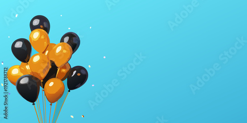 A cluster of orange and black balloons floats against a blue background