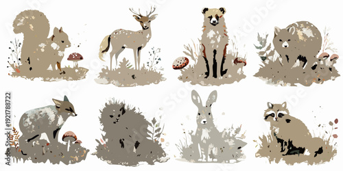 Watercolor illustration featuring various forest animals and natural elements