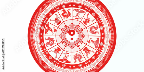 An ornate red and white circular design featuring the chinese zodiac signs