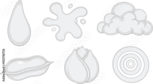 Various white liquid shapes including a drop, a splash, and a cloud are displayed against a plain background for design use.