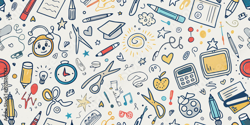 Colorful doodle pattern featuring school supplies and whimsical illustrations