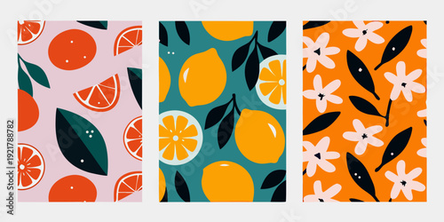 Schilderij op canvas A vibrant trio of seamless patterns featuring citrus fruits and foliage