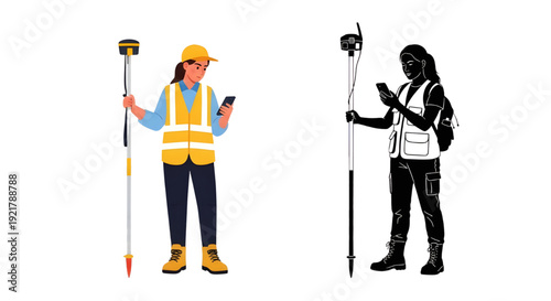 Female Land Surveyor with GNSS Rover and Smartphone Vector Illustration and Silhouette Set, In a safety vest and hard hat holding a GNSS rover and smartphone, presented alongside her black silhouette