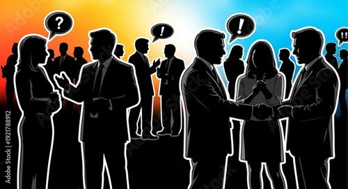 Business people communicating in a meeting with speech bubbles.