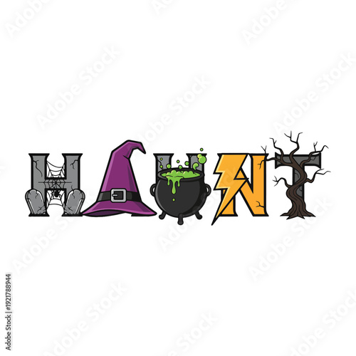A creative colorful spooky Halloween haunt text design with witch hat and a cauldron vector illustration.
