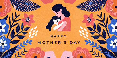 A mother and child embrace within a vibrant floral celebratory design