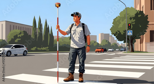 Male Land Surveyor with Backpack and GNSS Pole Standing in Middle of Street Crosswalk Illustration, An illustration of a male land surveyor wearing a cap and backpack, holding a GNSS receiver pole