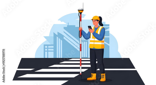 Female Land Surveyor with GNSS Receiver and Phone at City Crosswalk Vector Illustration, holding a GNSS receiver pole and looking at a smartphone while standing at a city street crosswalk