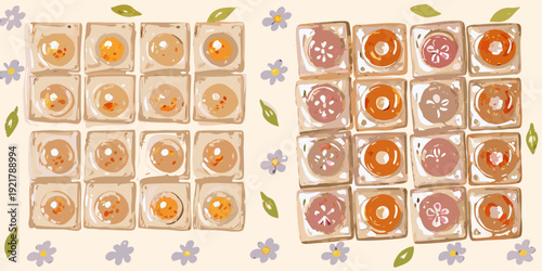 A colorful arrangement of square sweets decorated with flowers and fruit