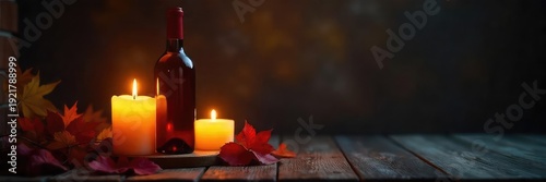 Romantic ambiance created by a wine bottle candle, casting a warm glow on a dark background Perfect for autumn, winter, or any cozy evening , candlelight, romantic