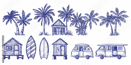 Sketch of tropical beach elements including palm trees and surfboards