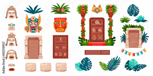 Colorful aztec and tropical themed elements for game design or decoration