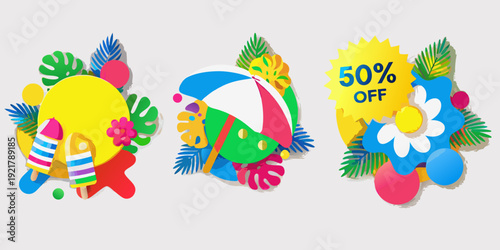Colorful summer sale stickers featuring tropical elements and discounts