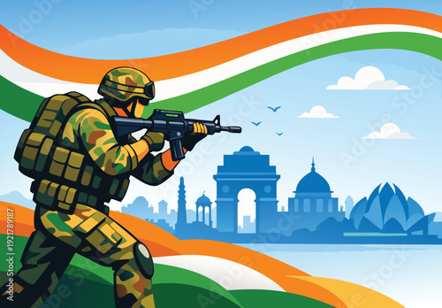Indian soldier in camouflage gear stands guard with the india flag and landmarks in background