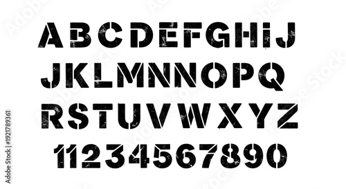 Black distressed font alphabet and numbers on white background.