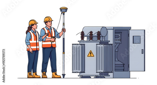 Surveyor team with RTK rover inspecting power transformer, GNSS Pole, illustration of a male and female surveyor team in safety vests and helmets. The man holds an RTK rover, and the woman points