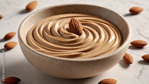 Creamy almond nut butter with swirl texture in ceramic bowl in 3d